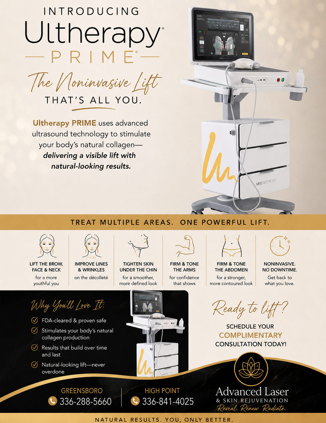 Ultherapy PRIME uses advanced ultrasound technology to stimulate your body's natural collagen, delivering a visible lift with natural looking results