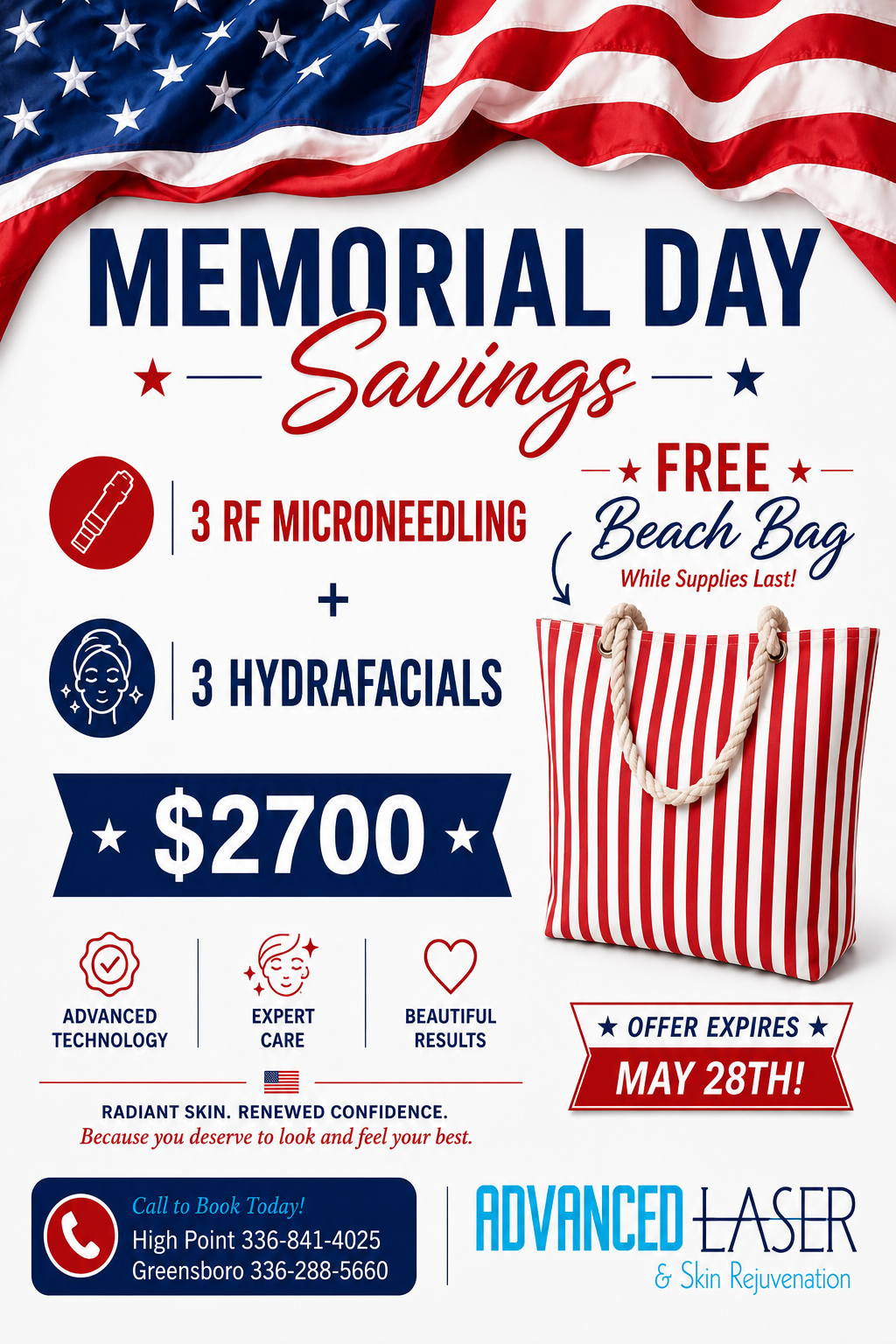 MEMORIAL DAY Savings -* FREE *- 3 RF MICRONEEDLING Beach Bag + While Supplies Last! 3 HYDRAFACIALS